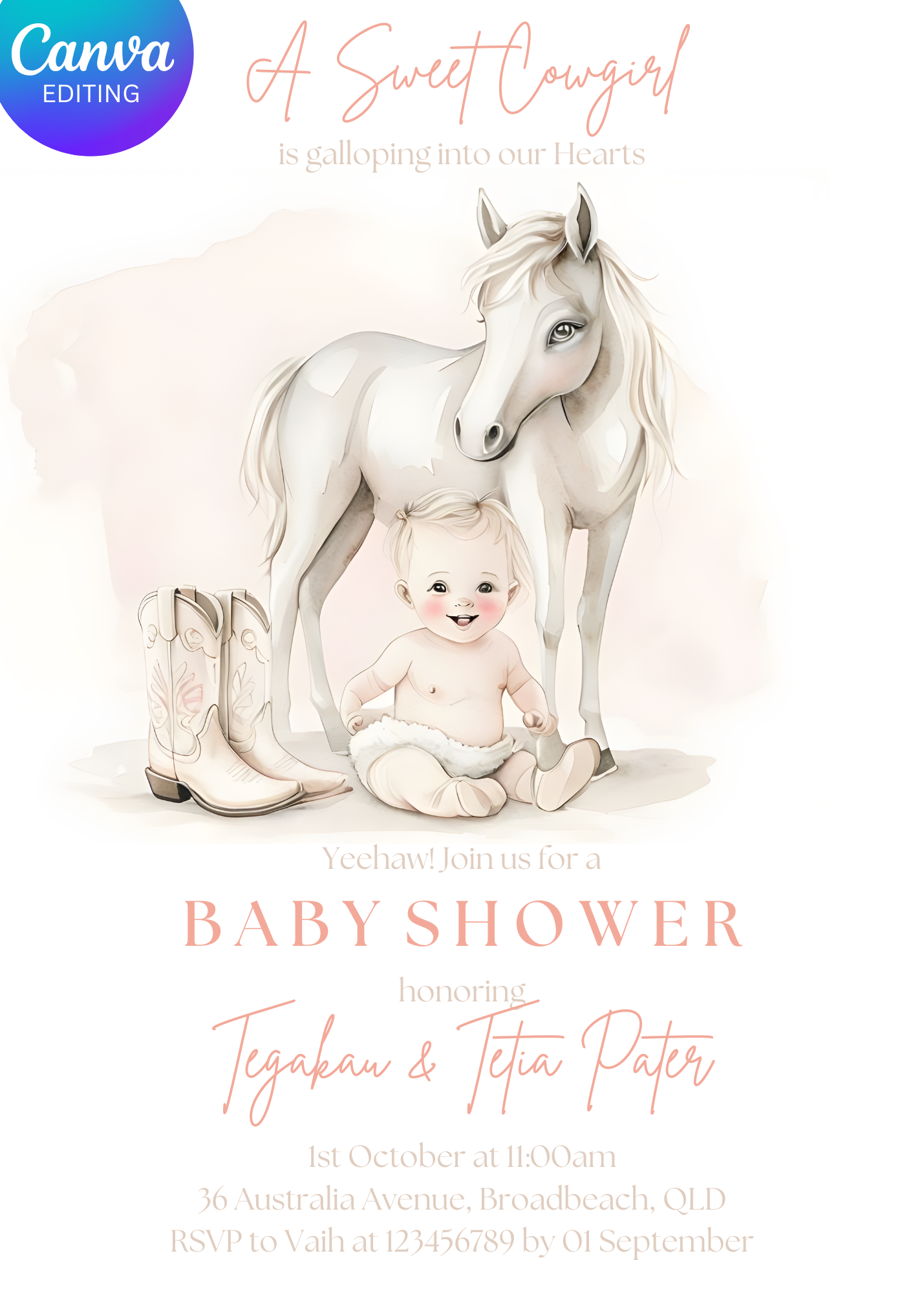 Editable Cowgirl Baby Shower Invitation